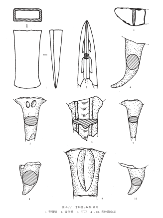  青铜锛、青铜镞、石刀、夹砂陶鼎足
