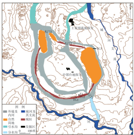 城河遗址平面及王家塝墓地位置图