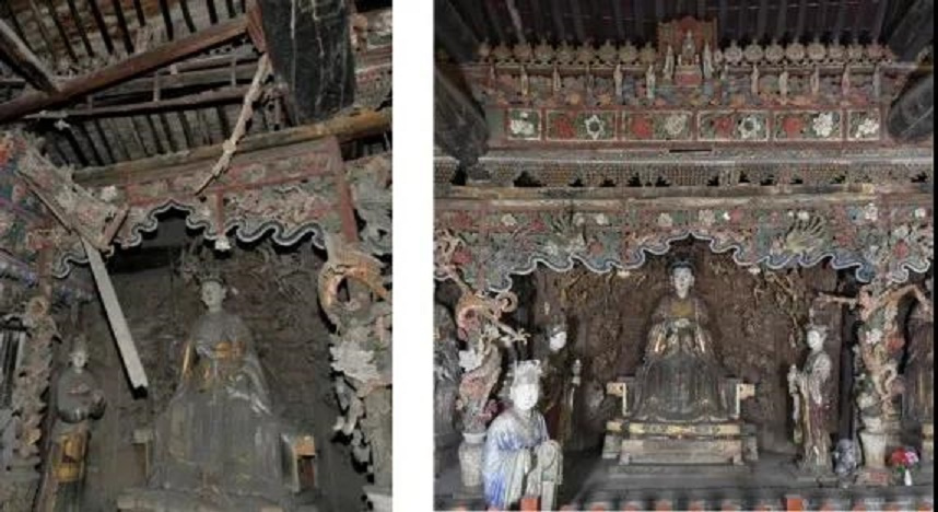 建筑梁架与壁塑修缮前（左）后（右）对比 