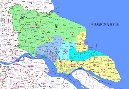 南通地区方言分布图（黄色部分为沙地话使用区域） 