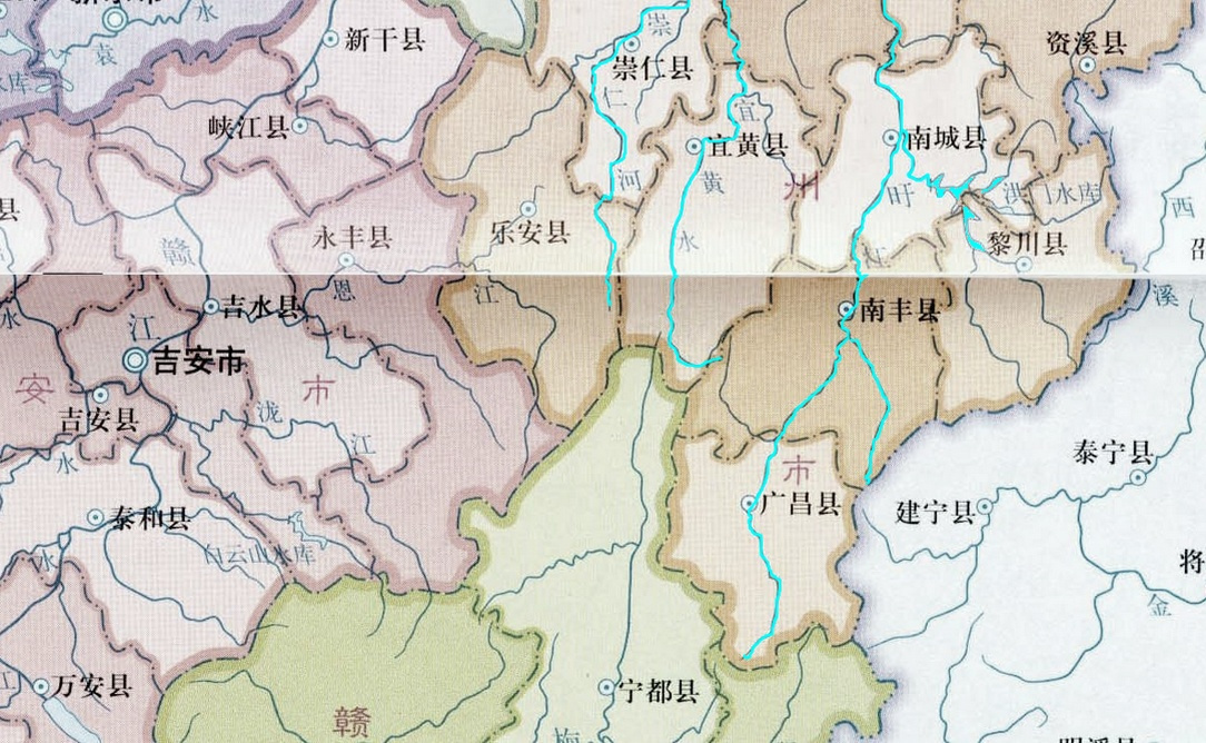 抚河干流走向及不系分布