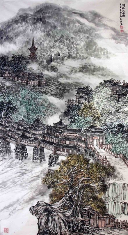 侗族风雨桥—谭翃晶国画作品