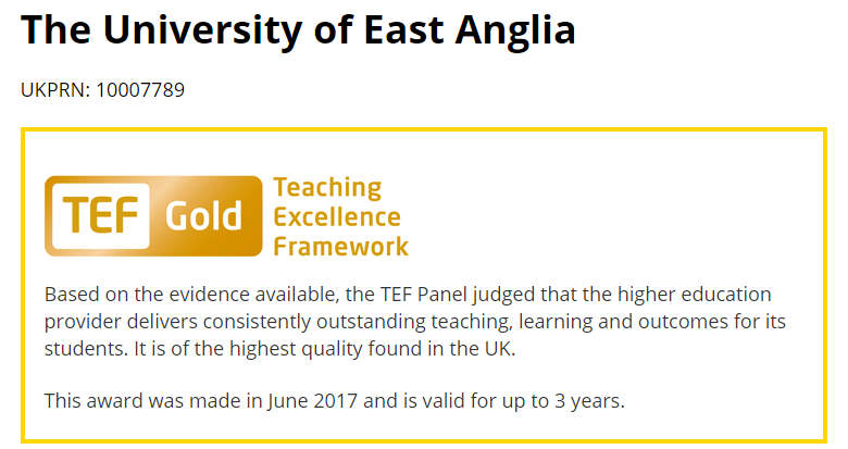 UEA东安格利亚大学TEF等级证书