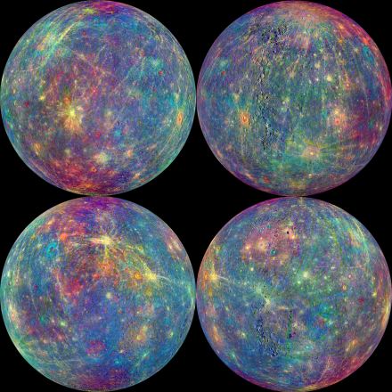 信使号MASCS光谱仪扫描的水星表面伪彩色图