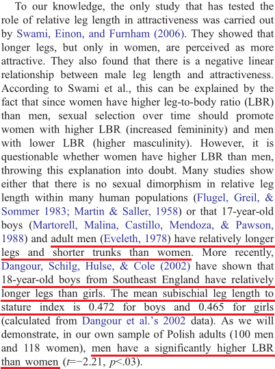 Sorokowski等指出，腿身比平均值男性反而略大于女性 