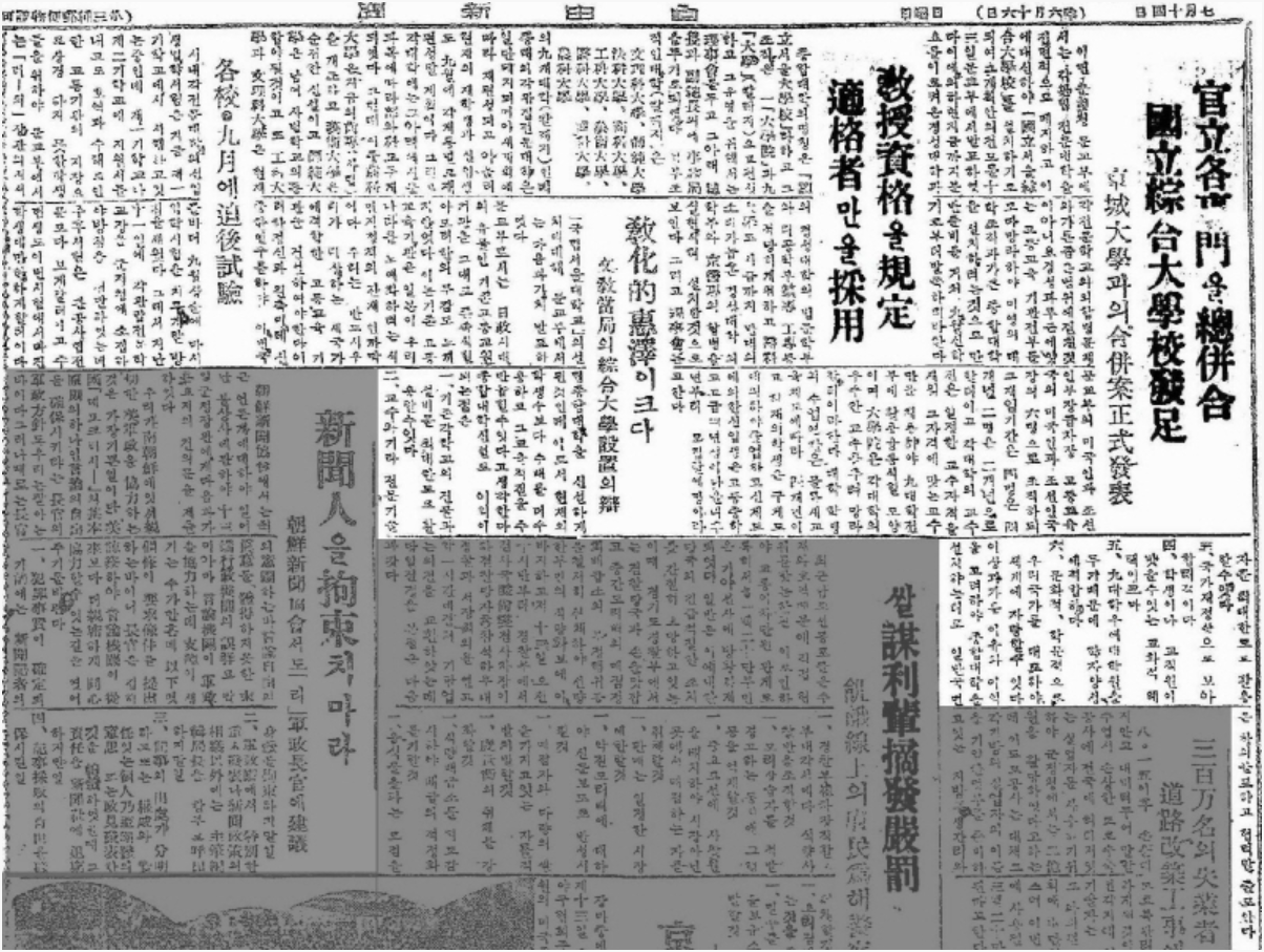 1946年国立综合大学成立，京城大学正式发表合并案