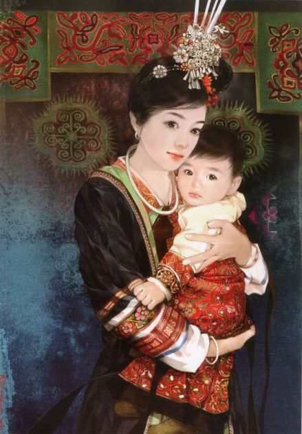 侗族母女油画