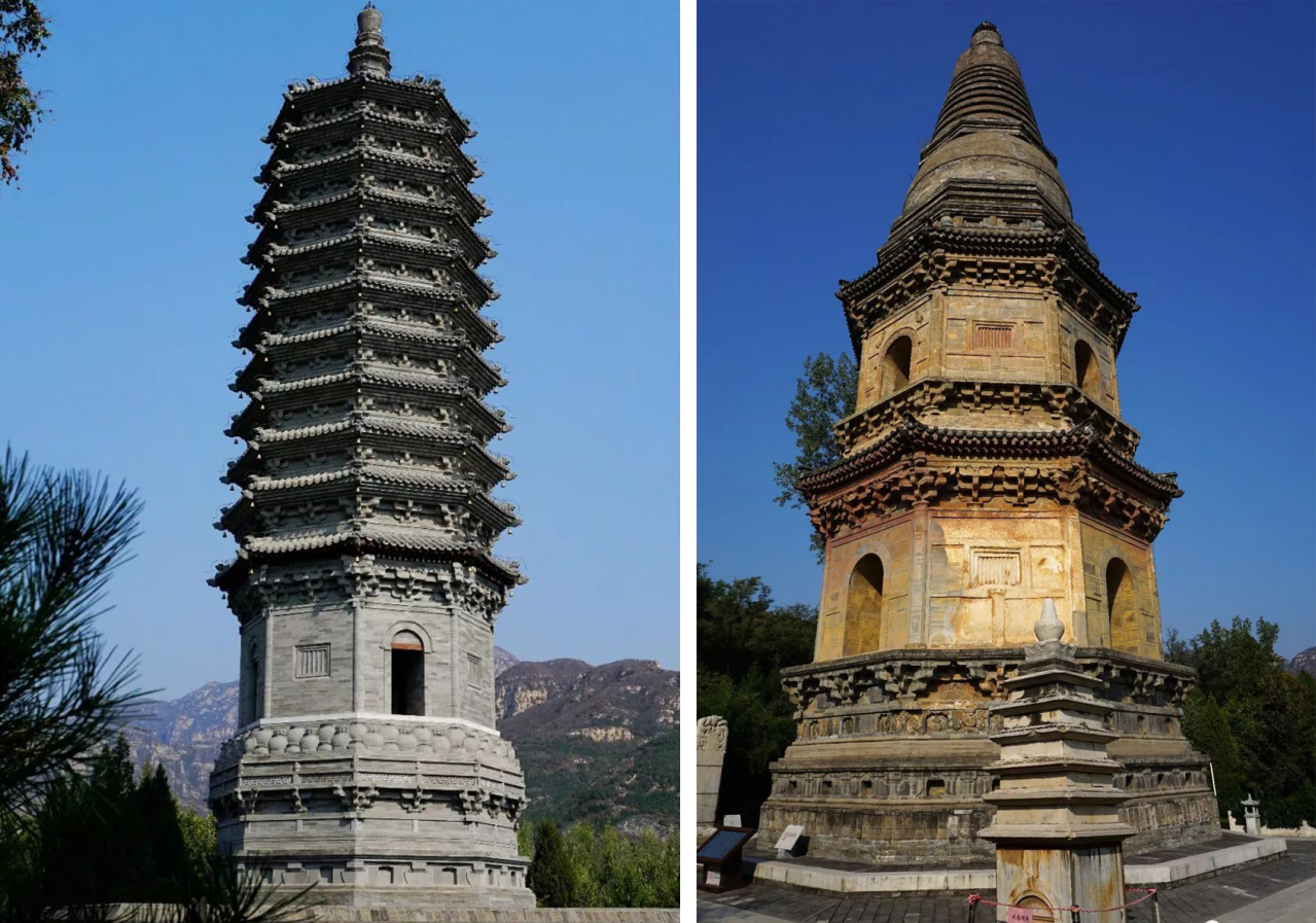 云居寺北塔（右）及复建南塔（左）