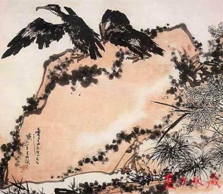 现代写意花鸟：鹰石山花，纸本，水墨，设色，潘天寿作