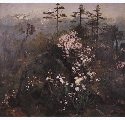 油画《杜鹃与雪山》