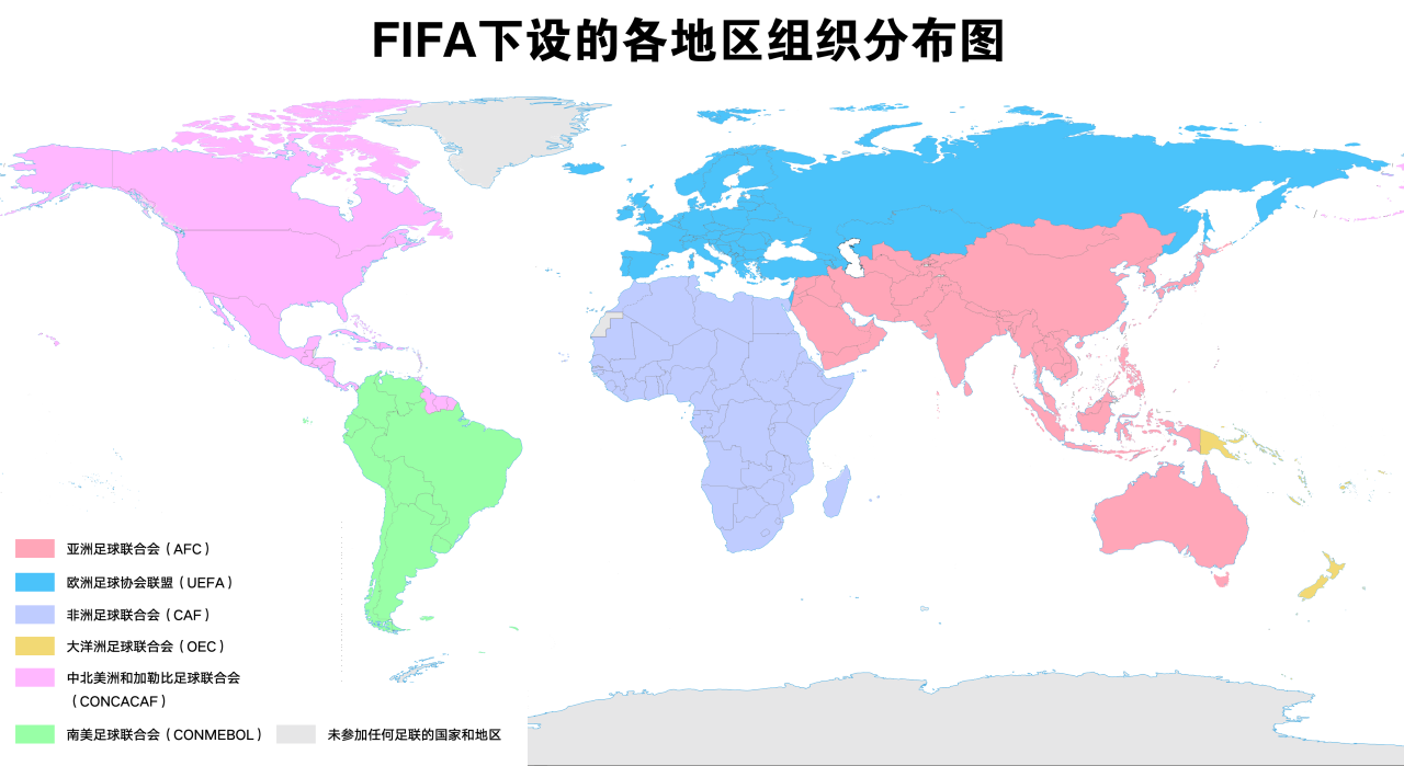 FIFA下设的各地区组织分布图