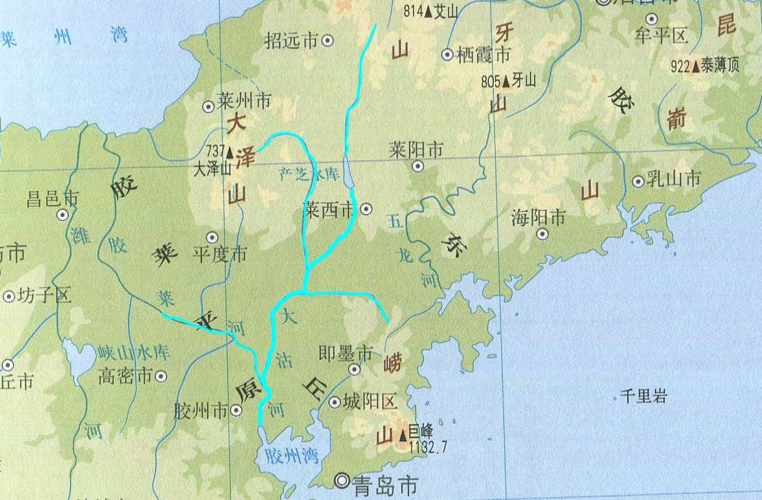 大沽河位置及流向示意图