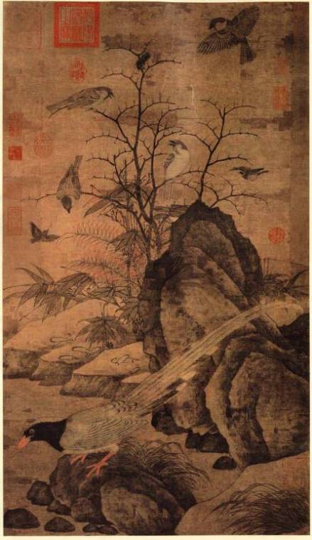 《山鹧棘雀图》， 黄居寀