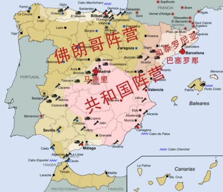 内战的各派阵营控制地区