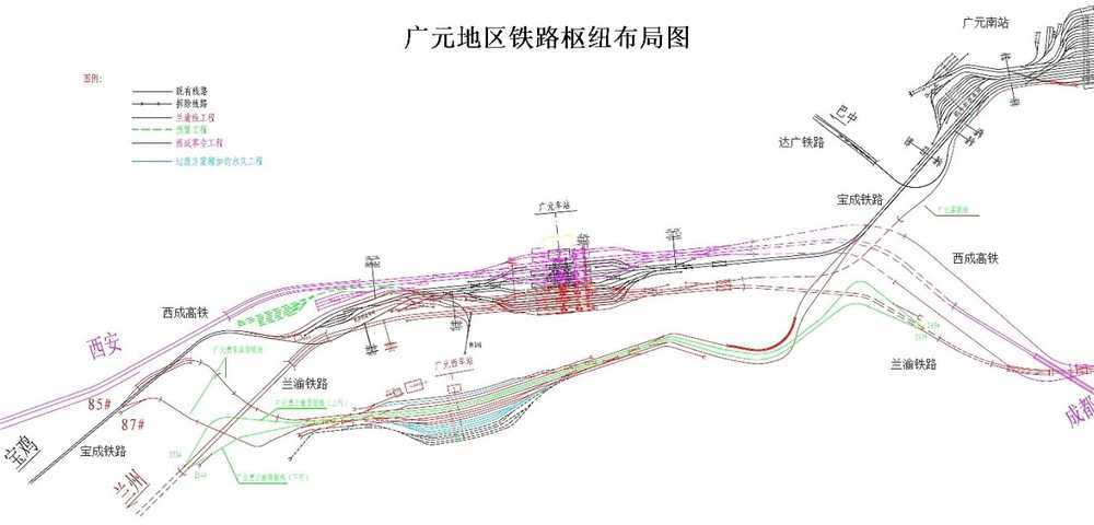 广元站及广元铁路枢纽线路示意图