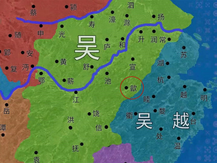 吴、越对峙形势图，红圈处即陶雅镇守的歙州