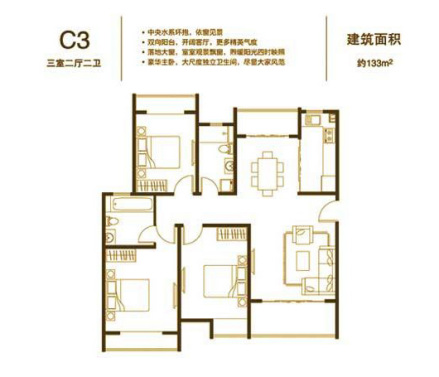 鼓楼广场 C3户型 三室两厅两卫 133㎡