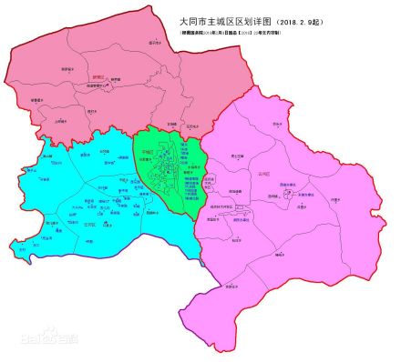 新版大同市区划图，粉色的为新设立的云州区