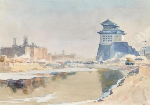 古元《古城门外》水彩 1953