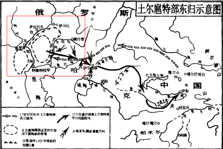 土尔扈特脱出沙俄路线示意图