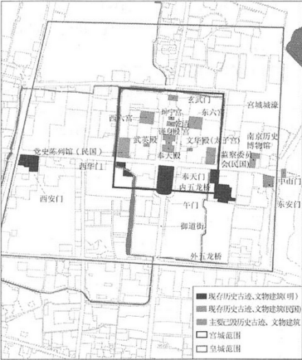 南京故宫范围内的历史古迹、文物建筑分布图