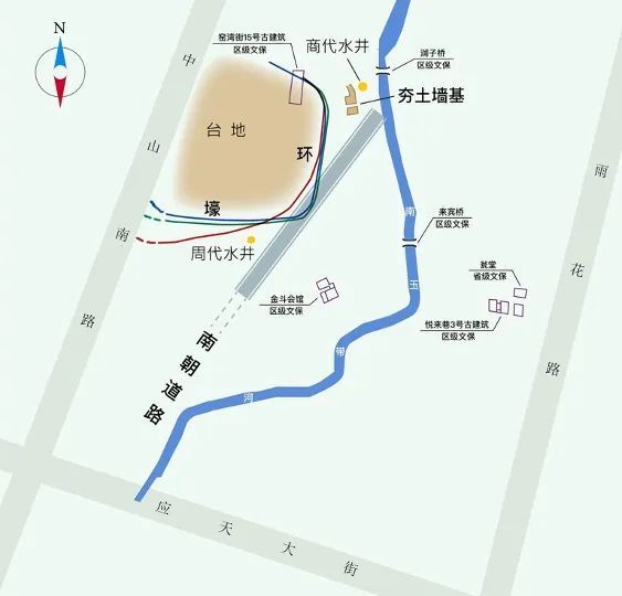 长干古城壕、墙基、水井地理位置示意图 