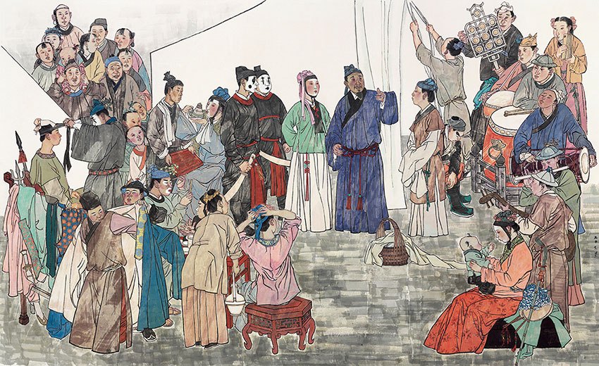 孔紫绘国画《关汉卿与元曲》 