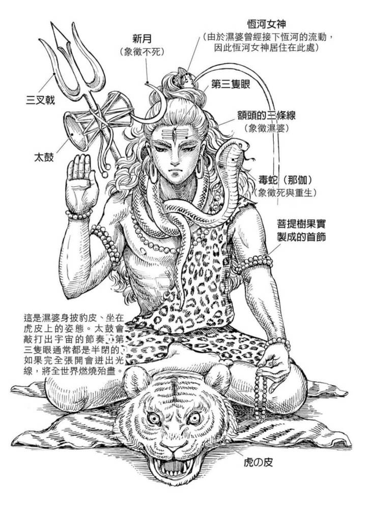 湿婆身批豹皮，坐在虎皮上 