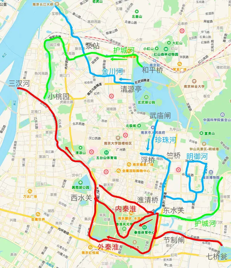 玄武湖及其周边关联水系示意图