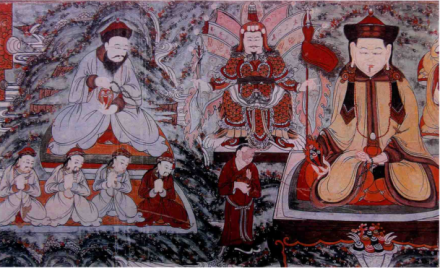 美岱召《礼佛图》，左为俺答汗（一说扯力克），右为三娘子 