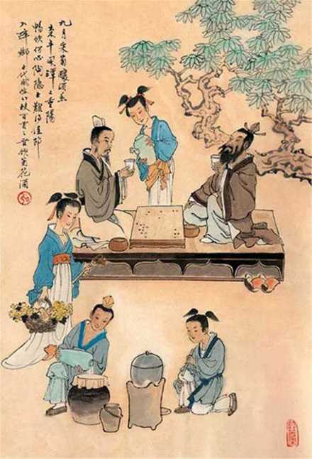 重阳赏菊、饮酒、对弈