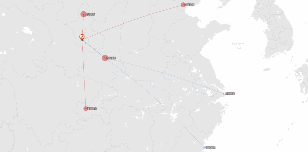 2020年夏秋航季固原六盘山机场航线航点示意图