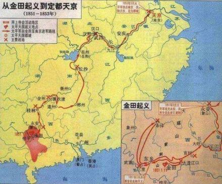 太平军自起义至定都南京，行军路线图