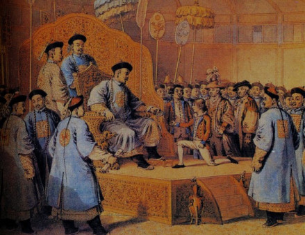 英使访华时托马斯·斯当东单膝参拜乾隆帝