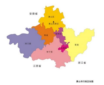 黄山区在黄山市所处的位置（上方黄色处）