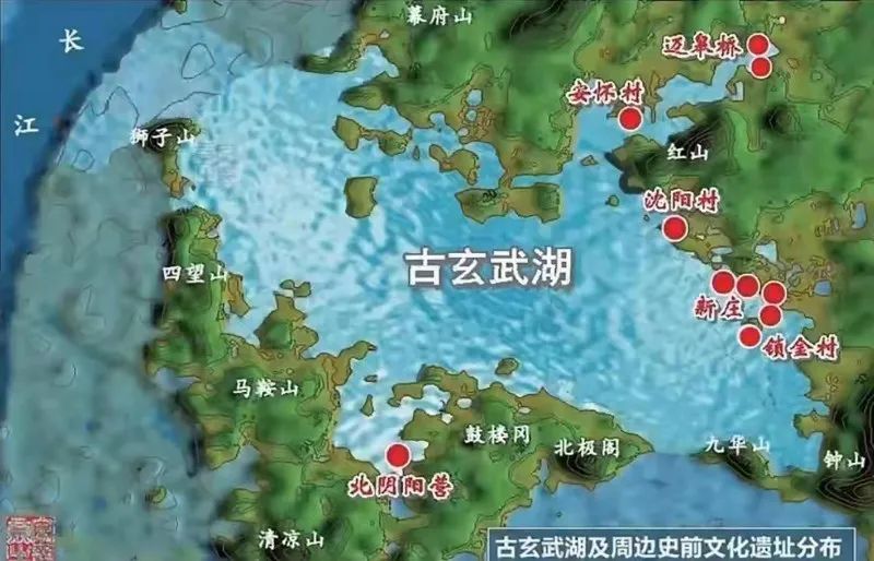 史前古玄武湖周边及遗址示意图 