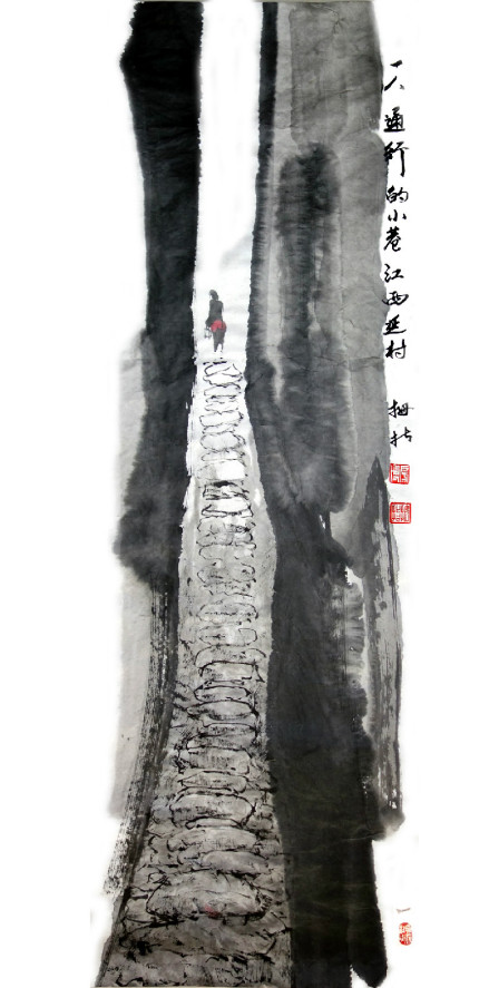 画家拇指作品：一人通行的小巷 江西延村 
