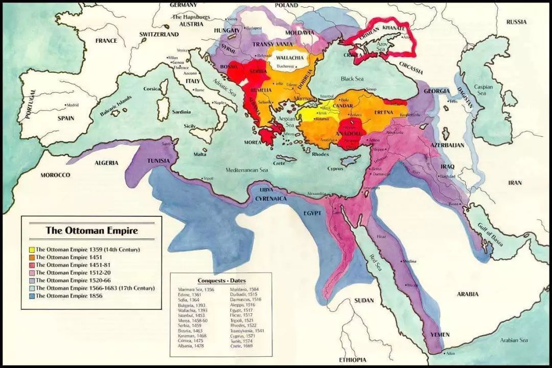 穆罕默德二世逝世前的奥斯曼帝国版图（黄、橙、红色部分）
