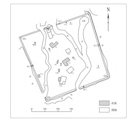 古城遗址平面及城内遗迹分布示意图