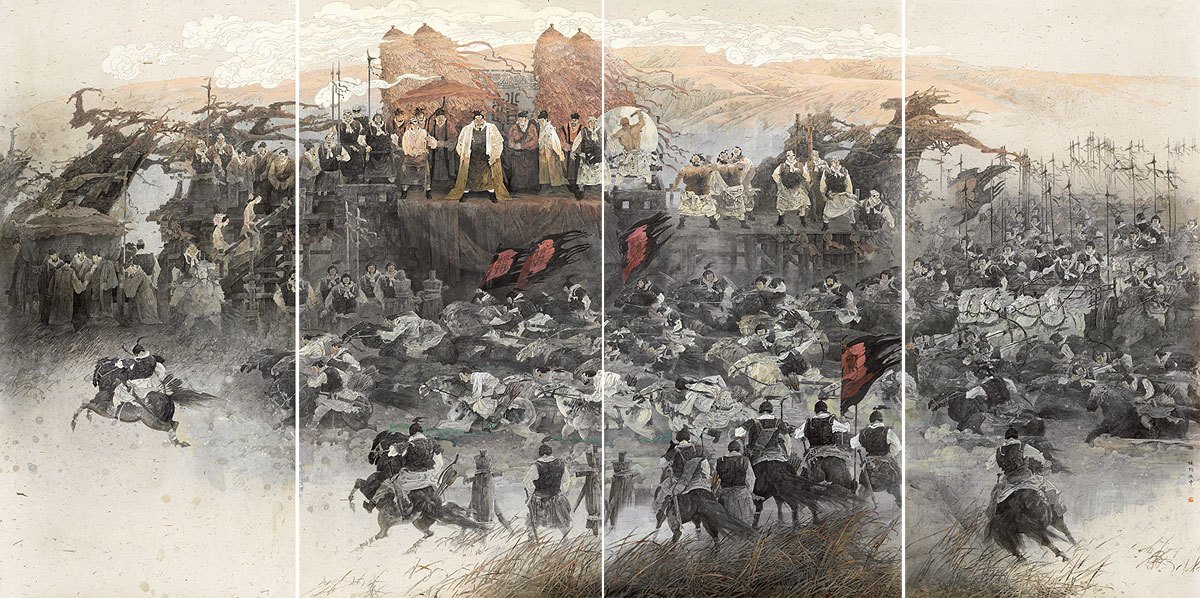 崔晓柏绘国画《胡服骑射—武灵阅兵》 