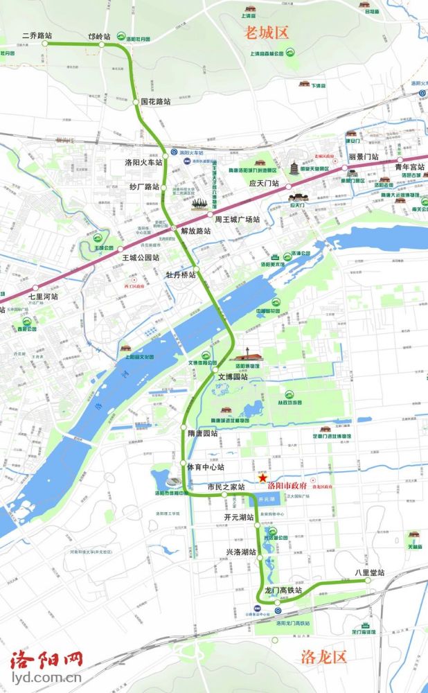 洛阳轨道交通2号线一期工程线路走向示意图