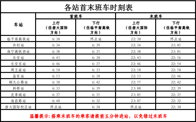 杭海城际铁路运营时刻表