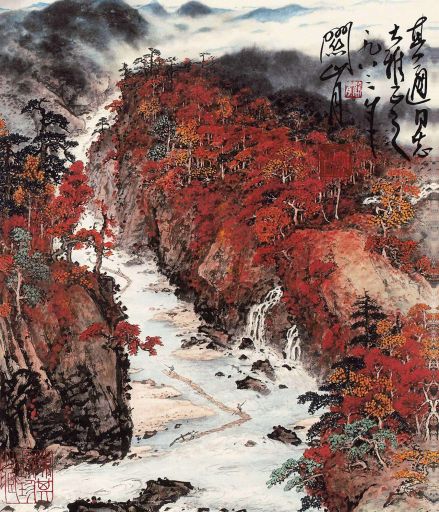 关山月《秋溪放筏》