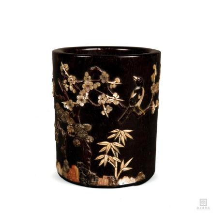 紫檀嵌百宝花鸟图笔筒