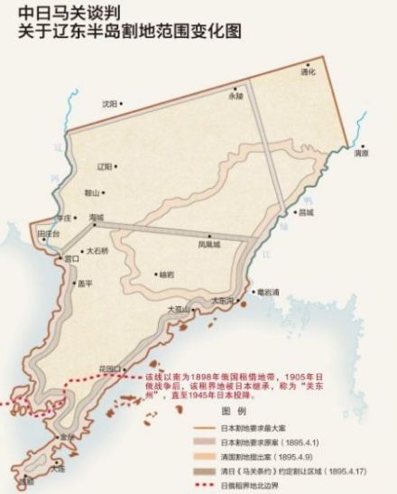 马关谈判中，中国和日本对于割让辽东半岛的不同边界范围示意。