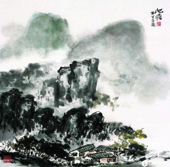 山村晓雾图