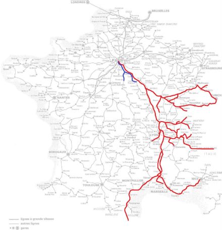 巴黎里昂站通达度（红为TGV、蓝为慢车）