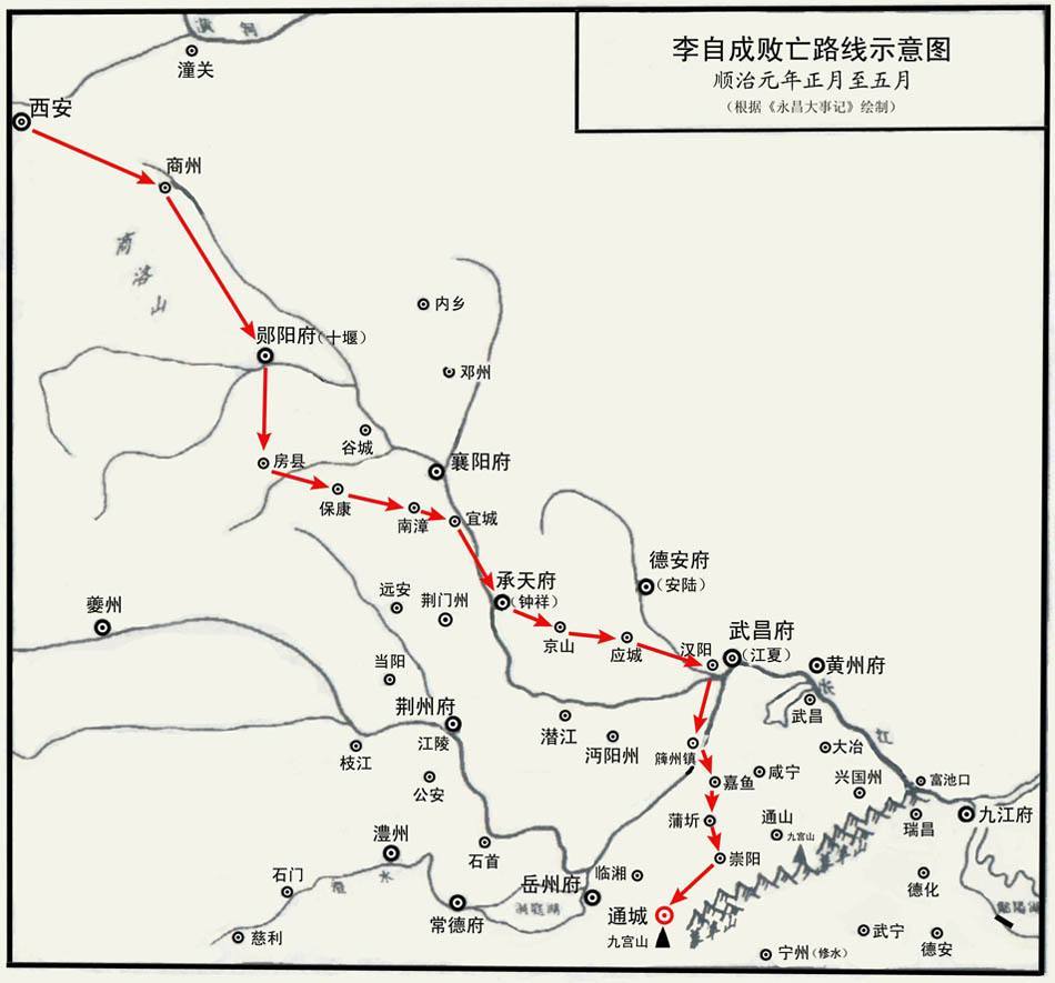 李自成败亡路线示意图