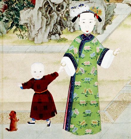 《喜溢秋庭图》中的幼年奕䜣与母亲孝静成皇后 