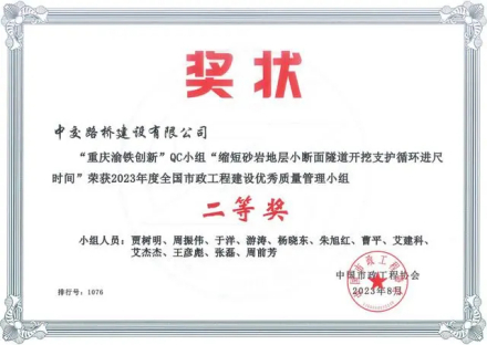 2023年全国市政工程建设优秀质量管理小组二等奖